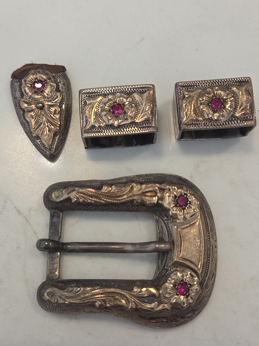 Vintage Holland’s of San Angelo #104 Sterling 14K Gold Ruby 4pcRanger Buckle Set